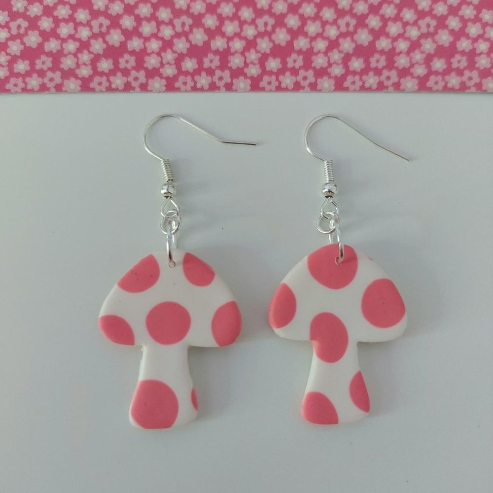 Spotty Pink Mushroom Earrings - Picture 1 of 2